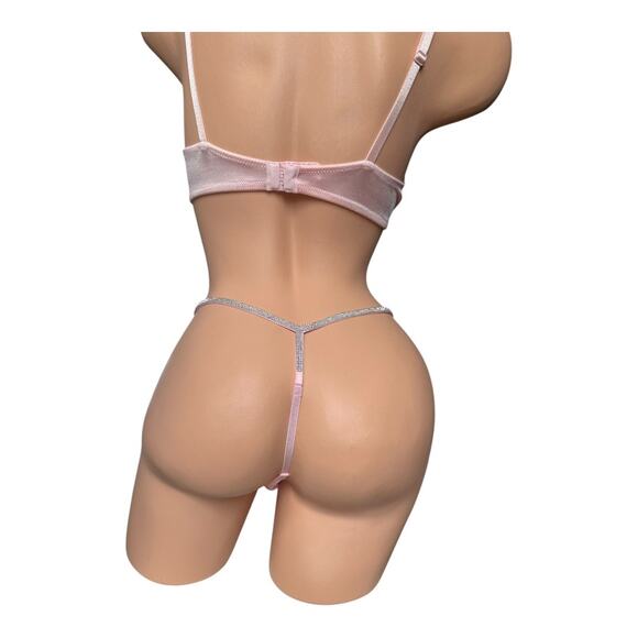 Victoria's Secret Large crystal Shine string Strap thong panty pink lace front - Picture 2 of 7